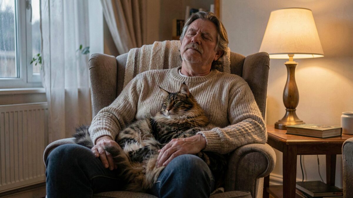 A tired owner in a wool sweater sits in an armchair at dusk, a large Maine Coon on their lap, soft lamp light, wide shot of a quiet living room